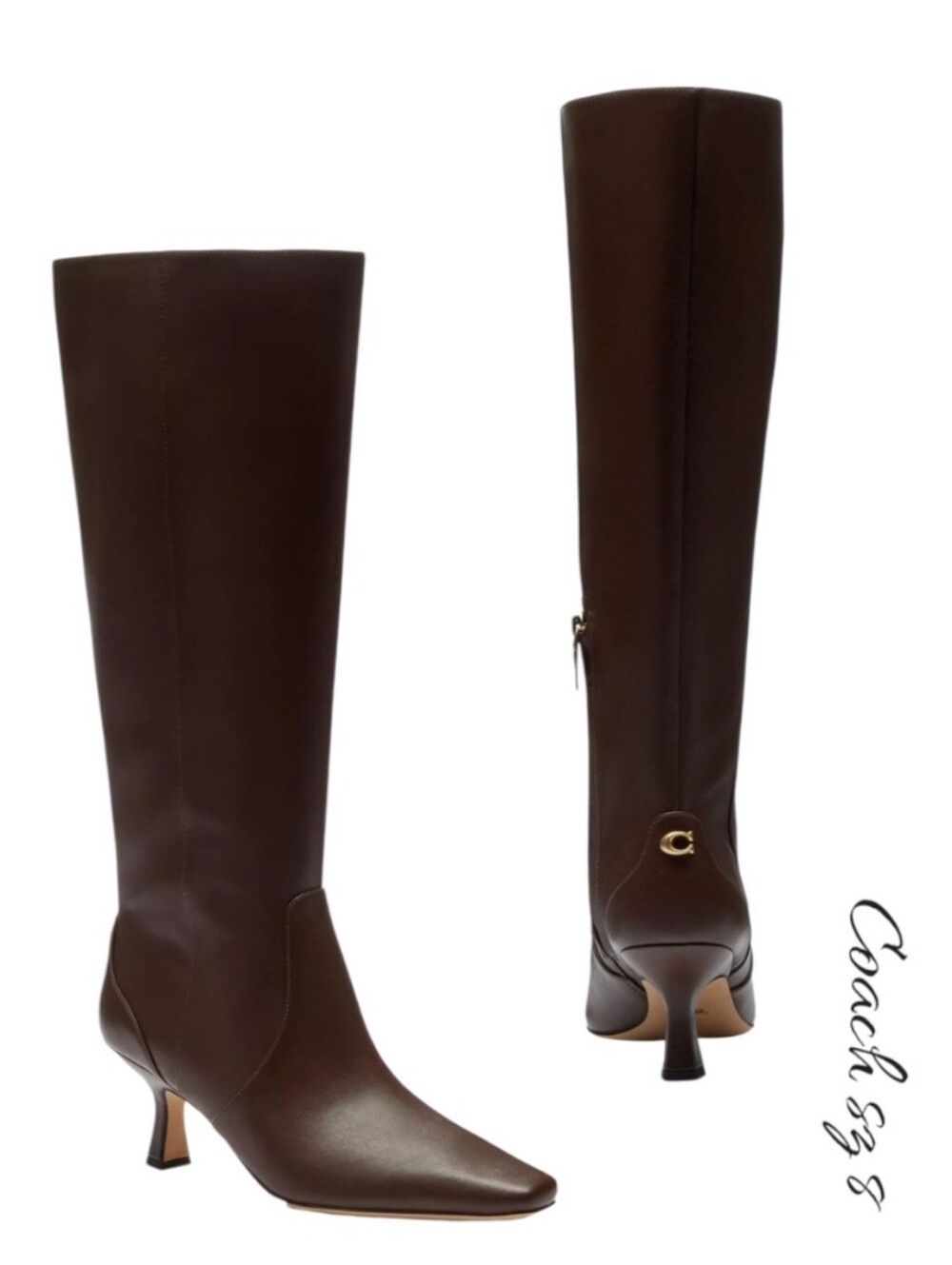 COACH Sculpted C Leather Kitten Heel Knee High Boots Maple Brown Sz 8